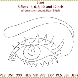 Eye Line Art Machine Embroidery, Line Art. Low stitch count. 1 colour. Bean stitch/ triple stitch. 5 sizes 12" 10" 8" 6" 4"