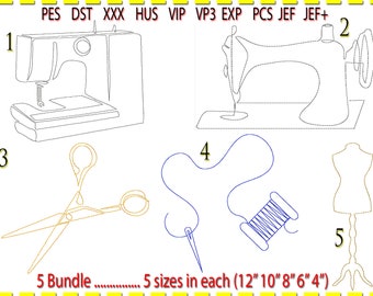 Könnte beinhalten: Ein Set mit fünf Stickmustern für Nähmaschinen. Die Designs beinhalten eine Nähmaschine, eine Schere, eine Spule mit Garn, eine Nadel und Faden sowie eine Schneiderpuppe. Die Designs sind in fünf Größen erhältlich: 30,5 cm, 25,4 cm, 20,3 cm, 15,2 cm und 10,2 cm.