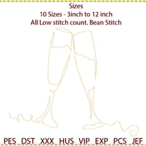 Champagne Flute Embroidery Design, Machine Embroidery, 10 sizes. Low stitch count. 1 colour line art. 3&quot; to 12&quot;