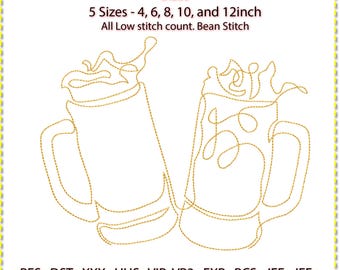 May include: Two gold outline embroidery designs of beer mugs, one with a handle on the left and the other with a handle on the right. The designs are available in five sizes: 4, 6, 8, 10, and 12 inches. The text "Sizes" and "All Low stitch count. Bean Stitch" is also included in the image.