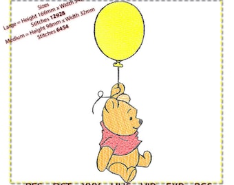 Diseño de bordado de Pooh, oso Pooh con globo bordado a máquina, Winnie. 4 colores.