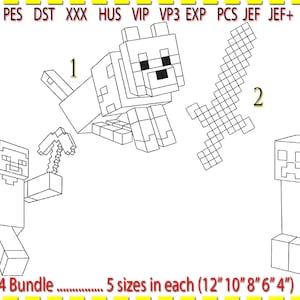 Minecraft Bundle (x4 each in five sizes) Embroidery Design, Machine Embroidery, Line Art. Low stitch count. 1 colour. 12" to 4"