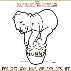 Pooh on a Hunny Pot.  Embroidery Design, Machine Embroidery, Winnie the Pooh . Low stitch count. 1 colour. 2 sizes