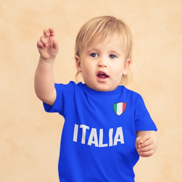 BABY or Kids ITALIA Italy Football T-Shirt, Name & Flag Chest Badge Organic Cotton, Boys Girls Sustainable Gift