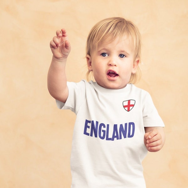 BABY or Kids ENGLAND Football T-Shirt, Name & Flag Chest Badge Organic Cotton, Boys Girls Sustainable