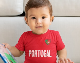 BÉBÉ ou Enfants PORTUGAL T-shirt de football, nom et drapeau Badge de poitrine Coton biologique, Garçons Filles Cadeau durable