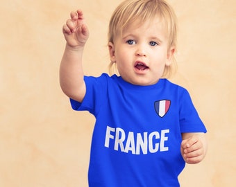 BABY or Kids FRANCE Football T-Shirt, Name & Flag Chest Badge Organic Cotton, Boys Girls Sustainable Gift