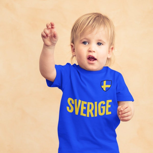 BABY or Kids SVERIGE Sweden Football T-Shirt, Name & Flag Chest Badge Organic Cotton, Boys Girls Sustainable Gift