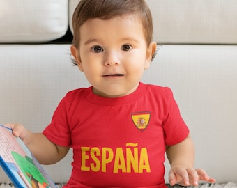 BABY or Kids ESPANA Spain Football T-Shirt, Name & Flag Chest Badge Boys Girls Gift