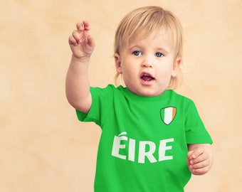 BABY or Kids EIRE Ireland Football T-Shirt, Name & Flag Chest Badge Organic Cotton, Boys Girls ST Patricks Day