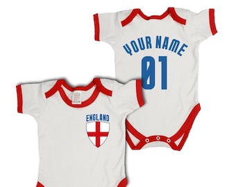 ENGLAND Personalised Babygrow, Name/Number Baby Bodysuit, 100% Cotton White English Football Sports