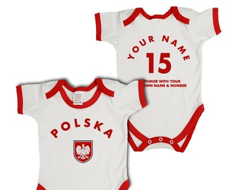 POLSKA Personalised Babygrow, Name/Number Baby Bodysuit, 100% Cotton Poland Football Sports