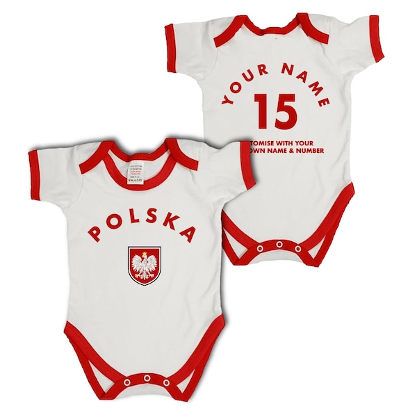 POLSKA Personalised Babygrow, Name/Number Baby Bodysuit, 100% Cotton Poland Football Sports