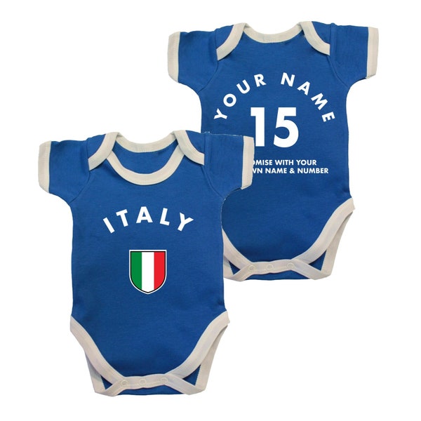 ITALY Personalised Babygrow, Name/Number Baby Bodysuit, 100% Cotton Italian Football Sports