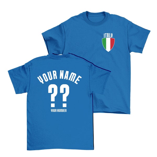 Italy Personalised T-Shirt, Name/Number Adults Kids Baby Family, Organic Cotton Italian Football Rugby Sports Patriotic