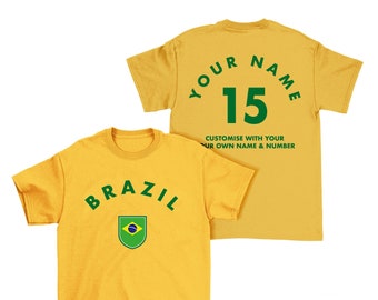 BRASILIEN personalisiertes T-Shirt, Name / Nummer Erwachsene Kinder Baby Familie, Bio-Baumwolle Brasil Fußball Sport