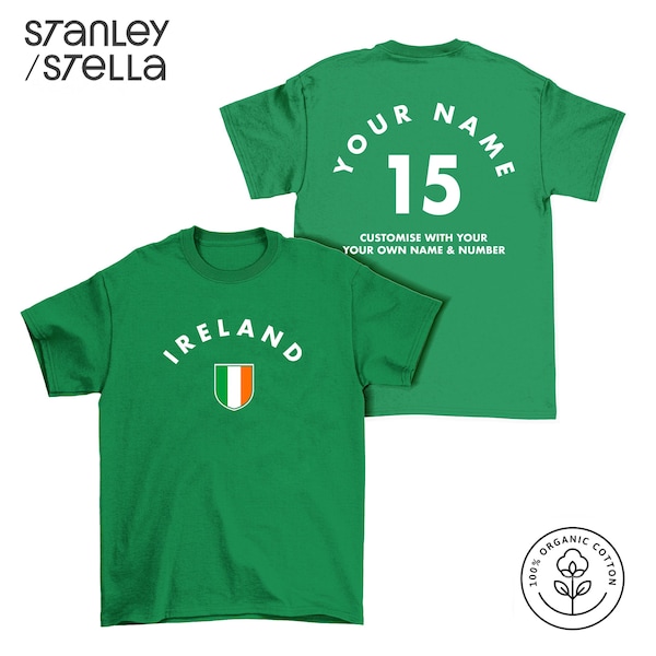 IRELAND Personalised T-Shirt, Name/Number Adults Kids Baby Family, Organic Cotton Irish Rugby Football Sports
