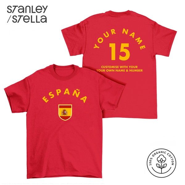 Espana Personalised T-Shirt, Name/Number Adults Kids Baby Family, Organic Cotton Spanish Football Sports