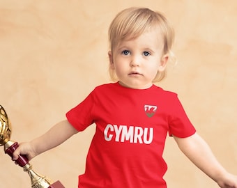 BABY or Kids CYMRU Football T-Shirt, Name & Flag CHEST Badge Organic Cotton, Wales Boys Girls Sustainable Gift