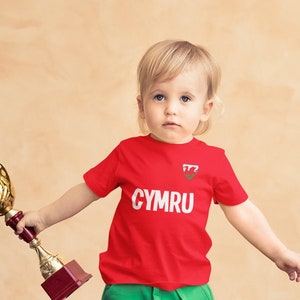 BABY or Kids CYMRU Football T-Shirt, Name & Flag CHEST Badge Wales Boys Girls Gift