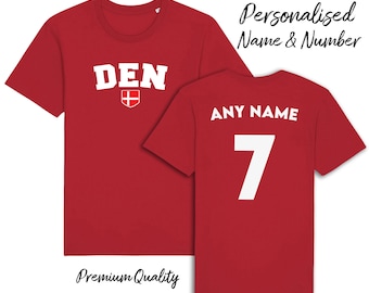 Denmark DEN Personalised T-Shirt, Name/Number Adults Kids Baby Family, Quality Football Patriotic