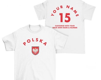 POLSKA Personalised T-Shirt, Name/Number Adults Kids Baby Family, White Tee Poland Football Sports