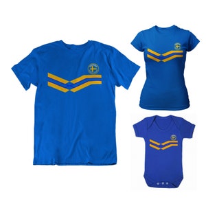 Sweden Football T-Shirt, Adults Kids Baby, New Style Retro Strip Womens Gift
