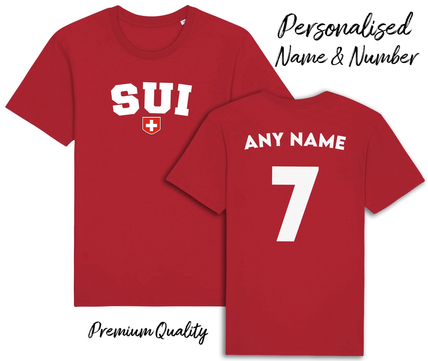 Switzerland SUI Personalised T-Shirt, Name/Number Adults Kids Baby Family, Quality Football Patriotic
