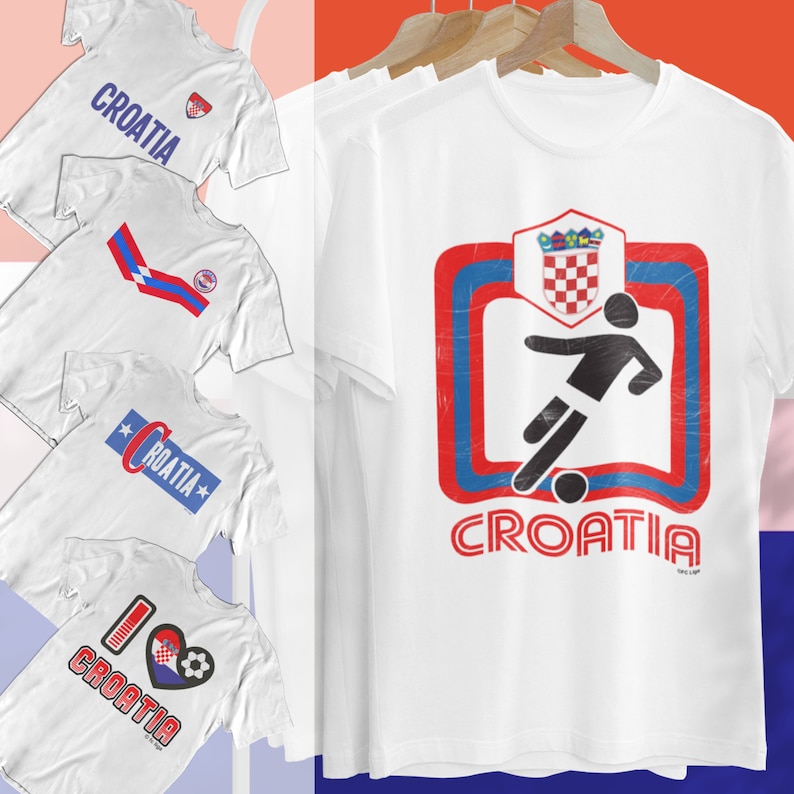 May include: Four white t-shirts with different designs featuring the word "Croatia" and the Croatian flag. The designs include a soccer player, a heart with a soccer ball, a star, and a simple text design.