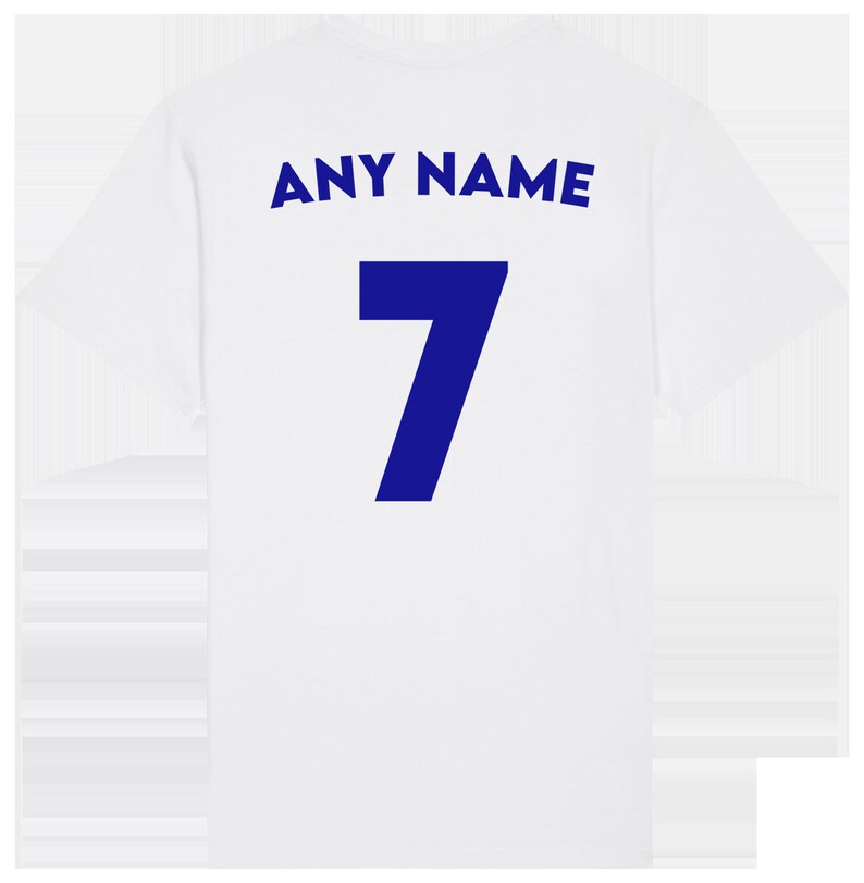 May include: White t-shirt with a blue number 7 and the text "ANY NAME" on the back.