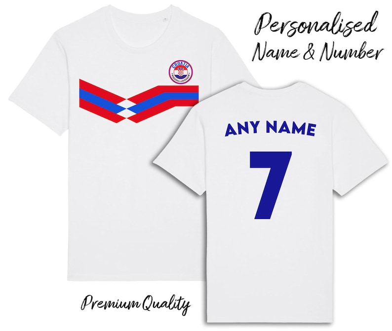 May include: White t-shirt with a blue and red chevron design and a Croatian national team logo on the front. The back of the shirt has "ANY NAME" and the number "7" printed in blue.
