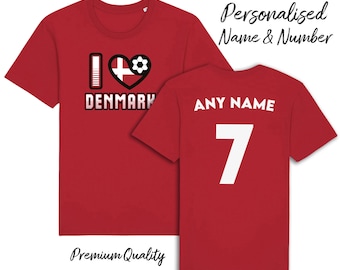 Ich liebe DÄNEMARK personalisiertes T-Shirt, Name/Nummer Erwachsene Kinder Baby Familie Country Football, Qualität Patriotisch