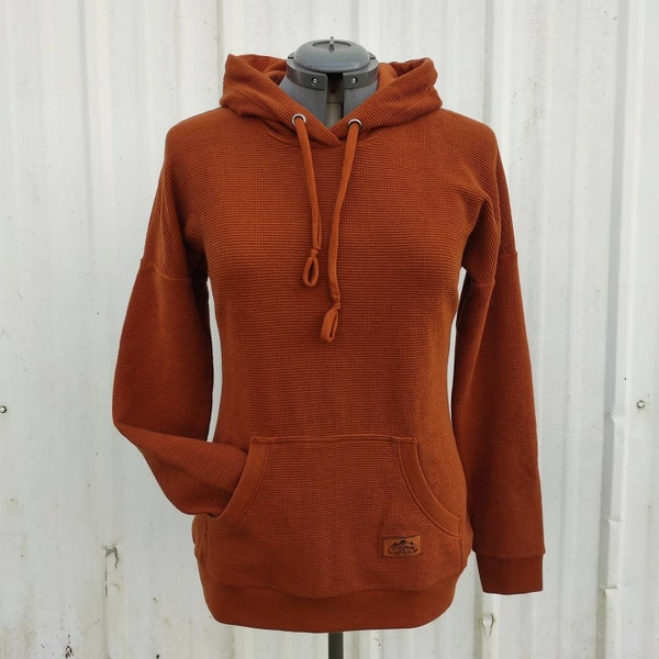 Women's Dolmen Hoodie Top - Cinnamon Rust Brown - Relaxed Waffle Hoodie - Thermal Sweatshirt