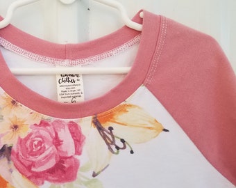 Girls Size 6 Mauve Pink  Raglan - Striped Baseball Shirt - Floral Girls Top