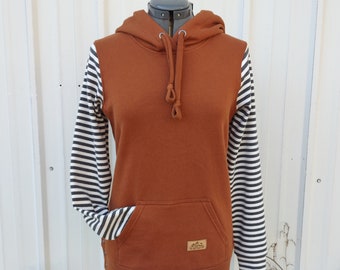 Women's Cotton Fleece  Hoodie - Thick cozy Sweatshirt - Stripe Sleeve