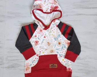 Kids Red Floral Hoodie - French Terry Sweatshirt