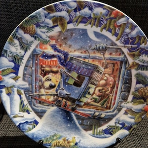 Plato vintage de Wallace y Gromit de los años 90: Esquiar es creer, robot de cocina, Churchill, China, Inglaterra, Aardman Animation, decoración navideña