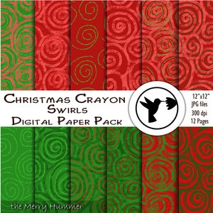 Christmas digital paper, original instant download of red & green, Holiday swirls, hand drawn, crayon papers for craft journals planners