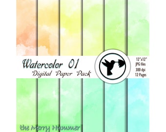 Digital paper pack of watercolor papers in a rainbow of colors. Instant digital download scrapbooking paper for crafts, journals, planners