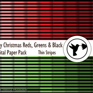 Puede incluir: Paquete de papel digital con finas rayas rojas, verdes y negras. La imagen incluye el texto «Simply Christmas Reds, Greens & Black Digital Paper Pack Thin Stripes». También hay un logotipo de colibrí. El papel mide 30,48 cm x 30,48 cm y contiene 18 páginas.