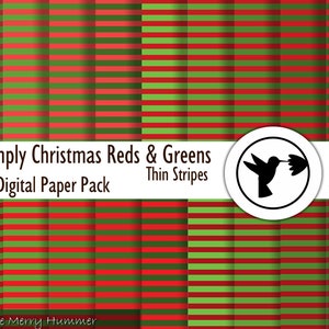 May include: Digital paper pack featuring 18 thin striped patterns in red and green. The pack contains 12" x 12" JPG files at 300 dpi. The image also includes a hummingbird graphic.