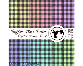 Pastel Buffalo Plaid digital paper pack, instant download of buffalo check in rainbow of colors for decorations, scrapbooks, planners crafts