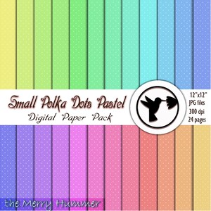 May include: A digital paper pack with 24 pastel colored backgrounds featuring small white polka dots. The pack includes 12" x 12" JPG files at 300 dpi. The text "Small Polka Dots Pastel Digital Paper Pack" and "the Merry Hummer" are included in the image.
