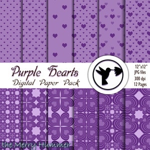 Papier numérique coeur violet. Téléchargement instantané de papiers coeur violet. De minuscules cœurs à pois à des motifs de cœur géométriques pour le scrapbooking et l'artisanat