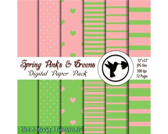 May include: A digital paper pack featuring various patterns in pink and green. Designs include solid colors, polka dots, hearts, and stripes. The pack is labeled "Spring Pinks & Greens" and includes 12"x12" JPG files at 300 dpi.