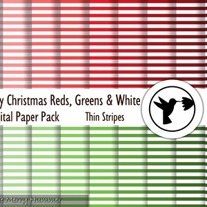 Puede incluir: Paquete de papel digital con finas rayas rojas, verdes y blancas. El paquete incluye 18 páginas de archivos JPG de 30,48 cm x 30,48 cm a 300 ppp. El diseño incluye un logotipo de colibrí.