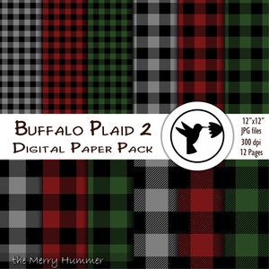 Könnte beinhalten: Digitales Papierpaket mit 12 Buffalo-Plaid-Mustern in Rot, Schwarz, Grün und Grau. Jedes Muster ist 30,5 cm x 30,5 cm groß und hat 300 dpi.