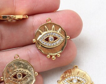23x25mm 24k Shiny Gold Evil Eye Pendant, Cz Evil Eye Pendant, Evil Eye Medallion Pendant, CZ Micro Pave Evil Eye Charm, Zircon Charms,FLŞ783