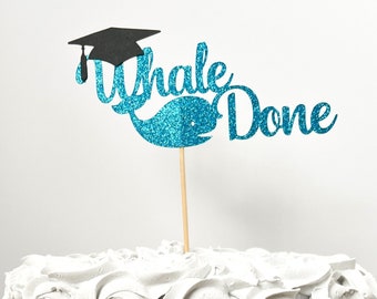 Graduation Whale Done Cake Topper - Glitter & Solid Colors Available