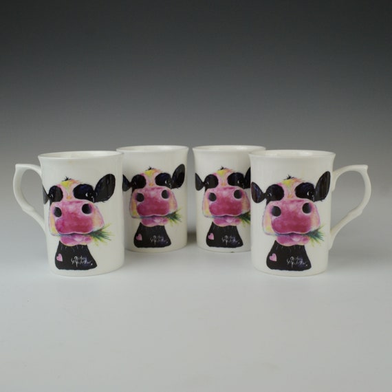 4 X Dunelm Bone China Coffee Tea Mugs Cow Pattern Etsy